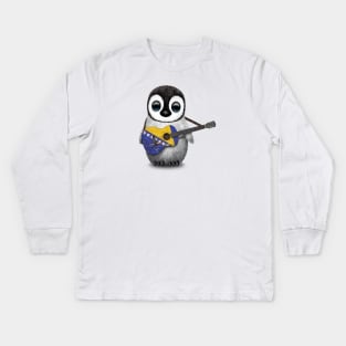 Baby Penguin Playing Bosnian Flag Guitar Kids Long Sleeve T-Shirt